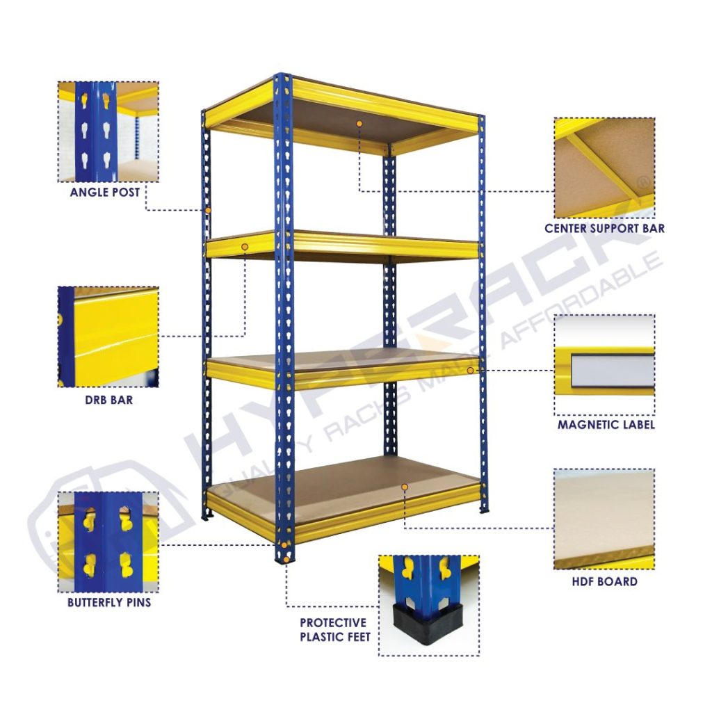 Boltless racking system with shelves and bins for industrial warehouse storage.