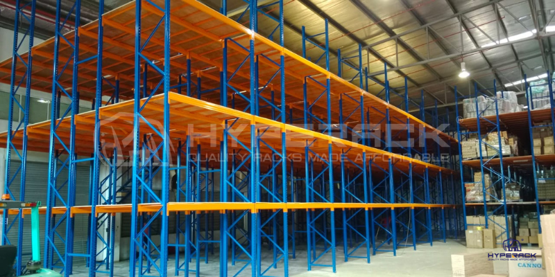 Warehouse mezzanine floor with steel structure and shelving units