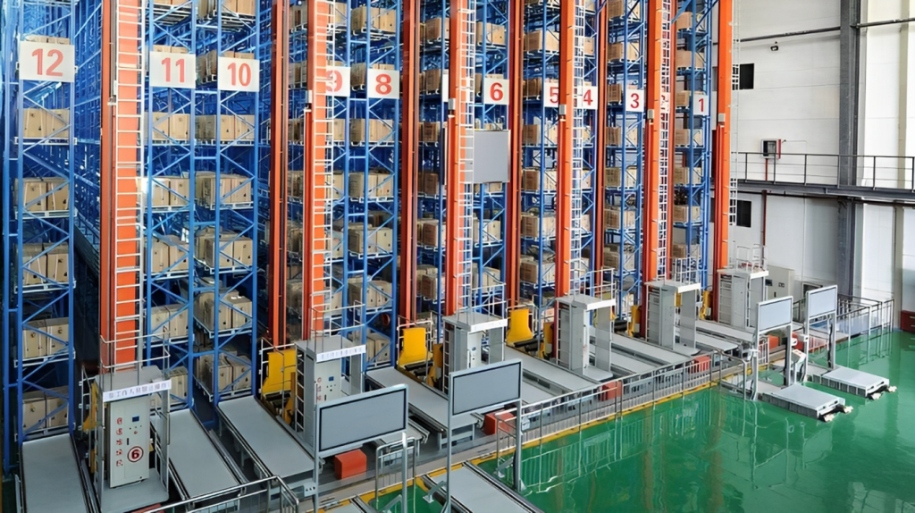 Warehouse robots with automated storage and retrieval system (ASRS) maximizing storage space and efficiency.