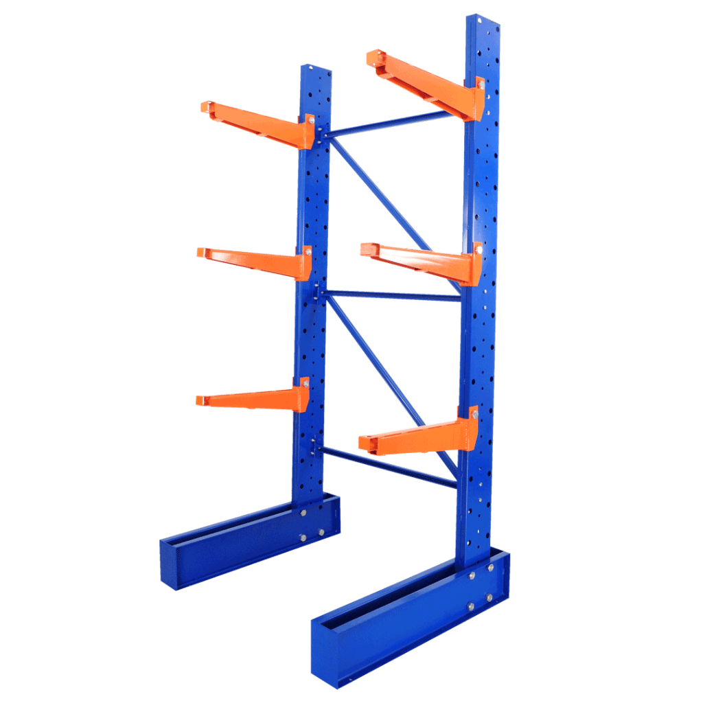 A cantilever racking system with horizontal arms extending from upright supports, ideal for storing long and bulky materials.
