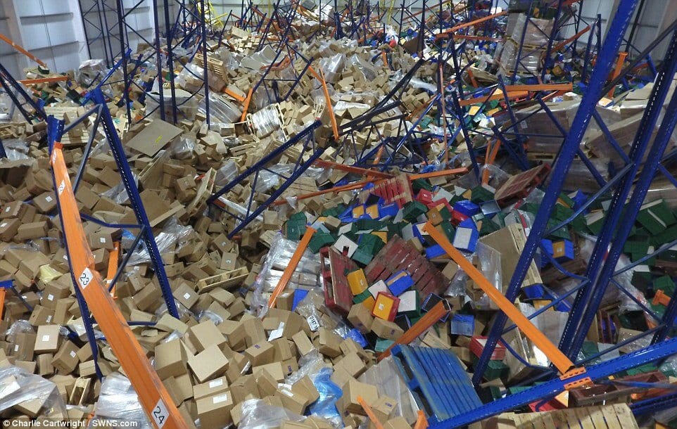 Fallen industrial racking system in a warehouse