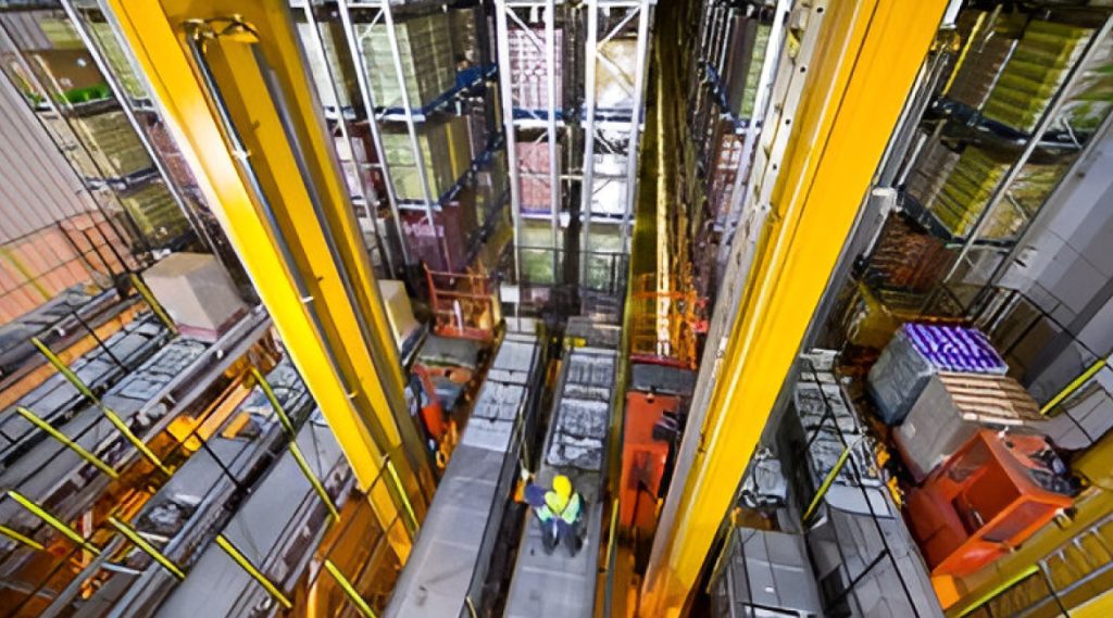 Automated Storage and Retrieval System (ASRS) racking system featuring high-density automated storage for efficient inventory management in warehouses.