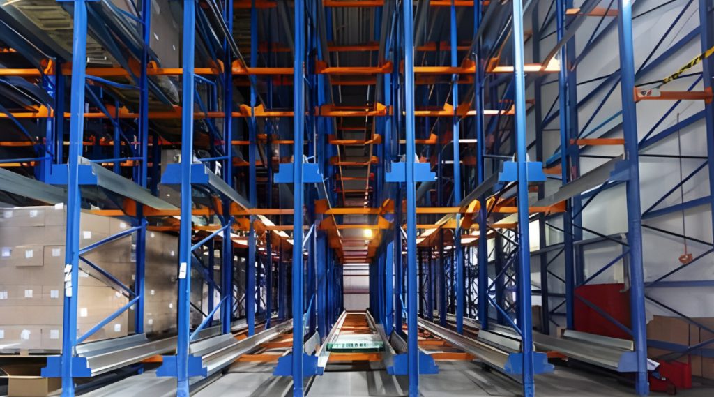 Warehouse with semi-automated shuttle racking system for high-volume storage.