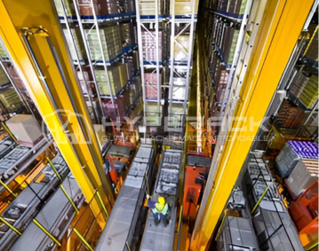 High-density ASRS racking system storing pallets vertically in a modern warehouse