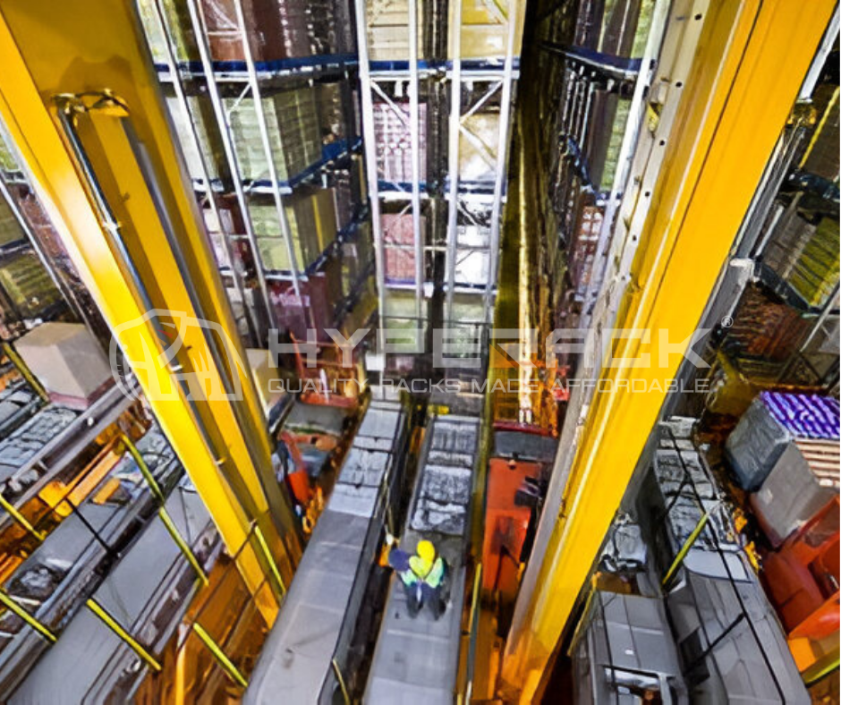 High-density ASRS racking system storing pallets vertically in a modern warehouse