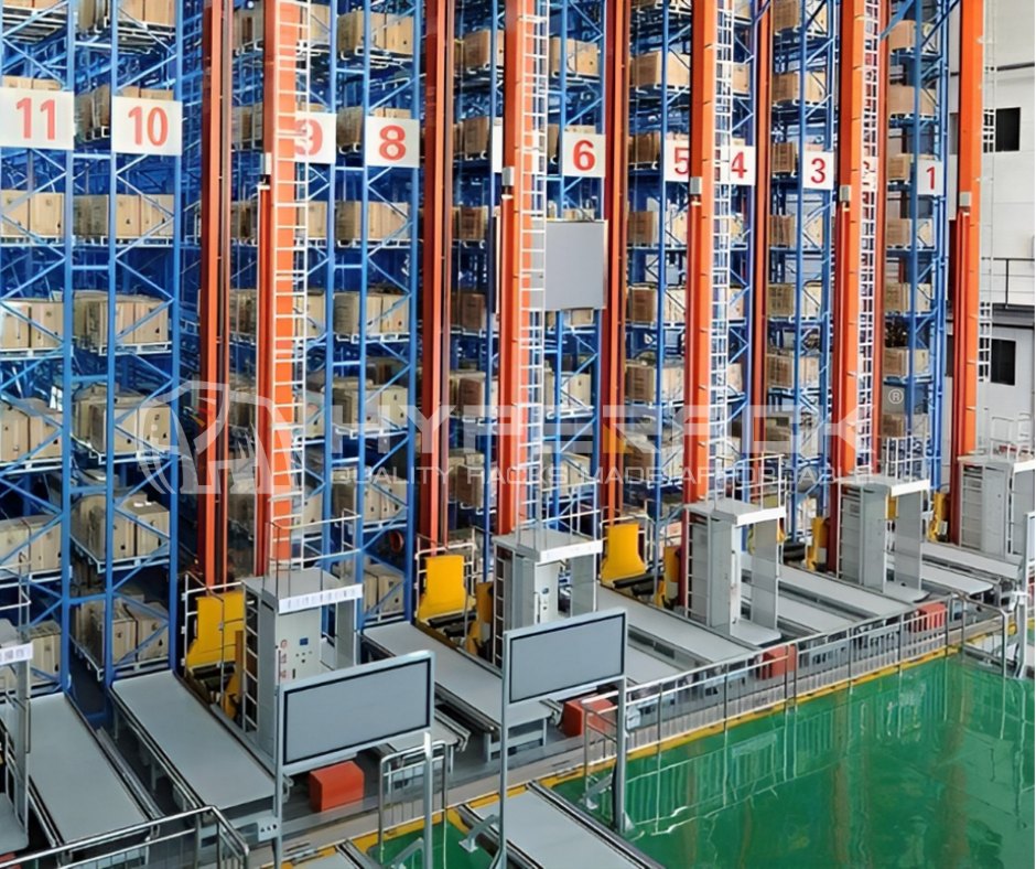 High-density ASRS racking system storing pallets vertically in a modern warehouse